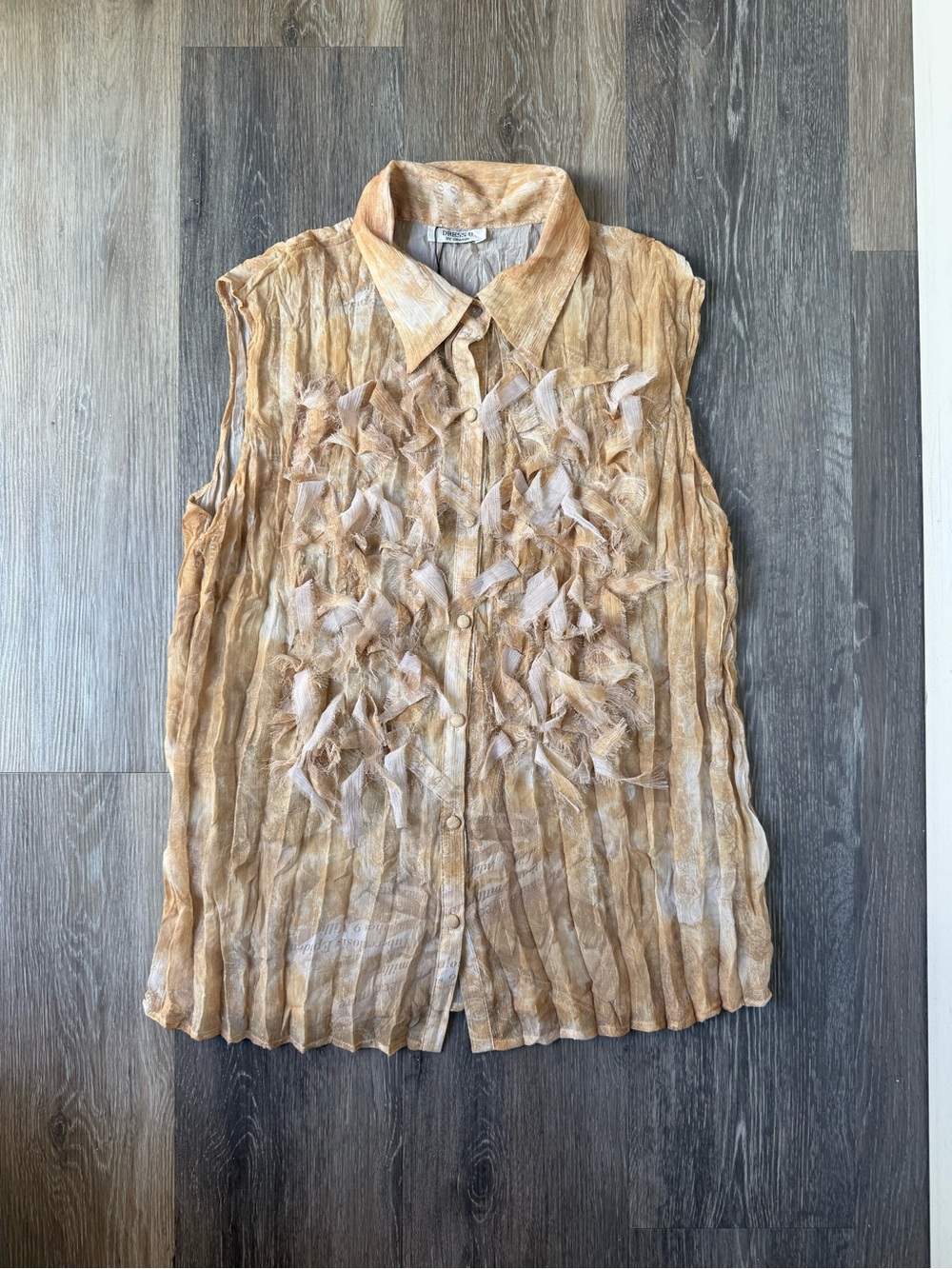 Vintage Y2K Sleeveless Pleated, Textured Ruffle Button-Front Blouse - Beige